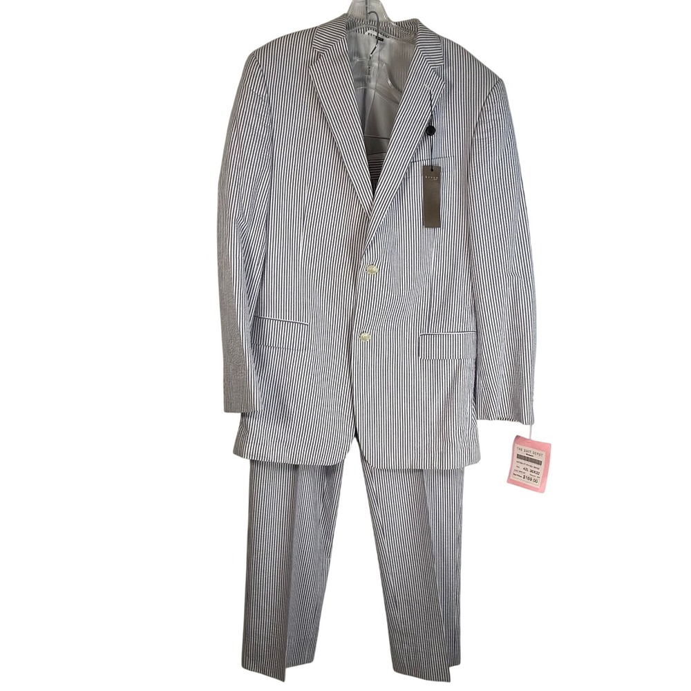 Kroon Mens Weiland Seersucker Suit Navy White Striped 42L 36x32 NWT